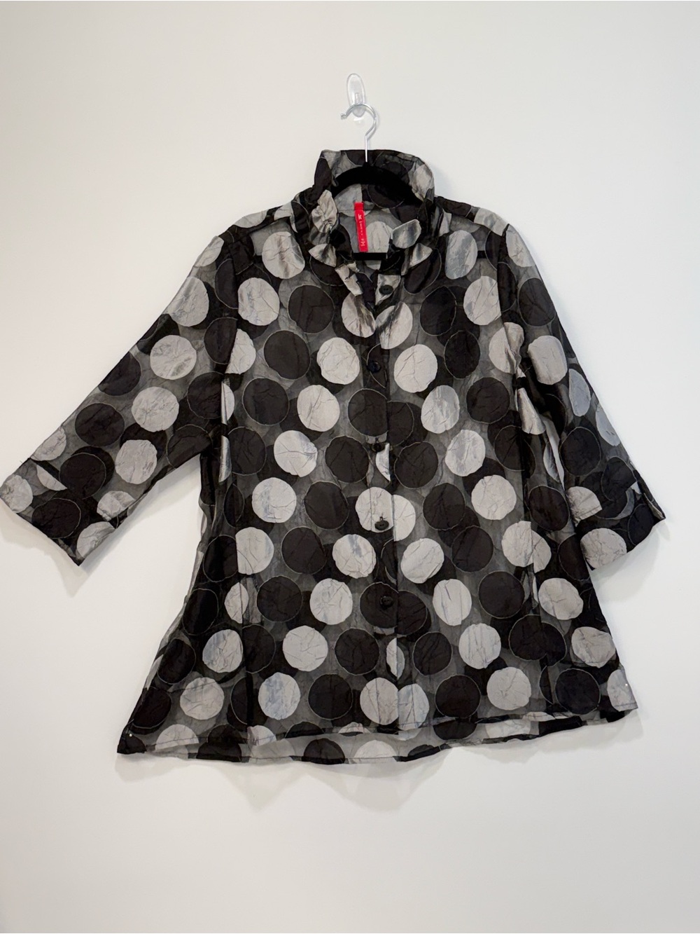 IC by Connie K Black & Gray Polka Dot Organza Wired Collar Button-Front Jacket